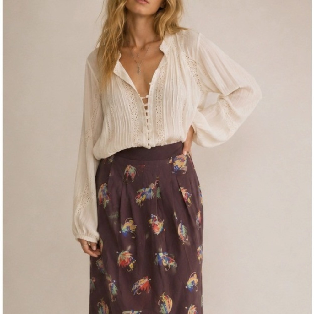 Boden Midi Skirt Fishing Fly Print Pencil 6 Brown Novelty Fisherman Cabin Retro